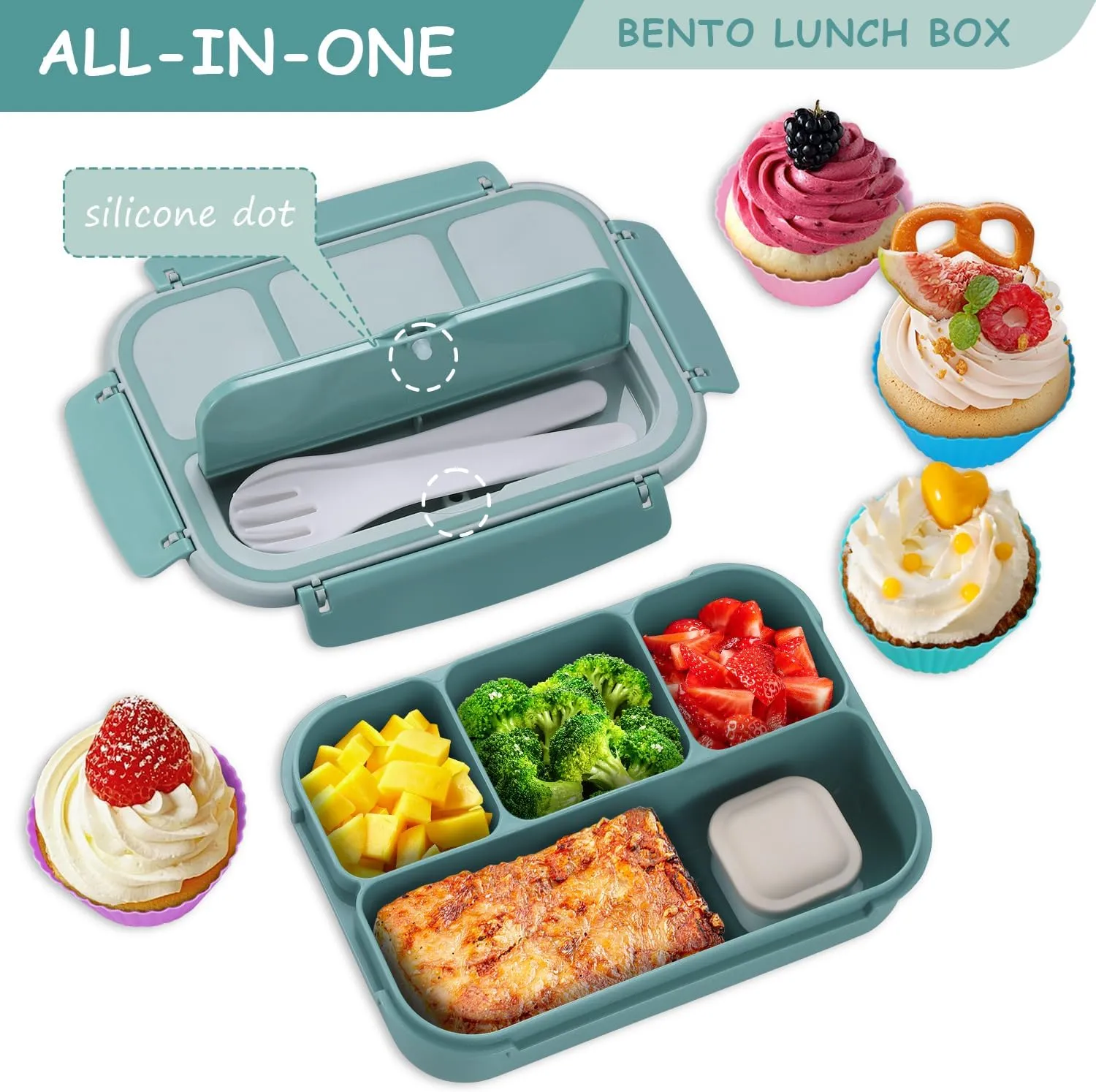 QQKO Bento Box Adult Lunch Box, Bento Box for Kids, 1200 ML Lunch Containers for Adults, Food Storage Container With 4 Compartments, Leak-Proof, Microwave, Dishwasher Safe