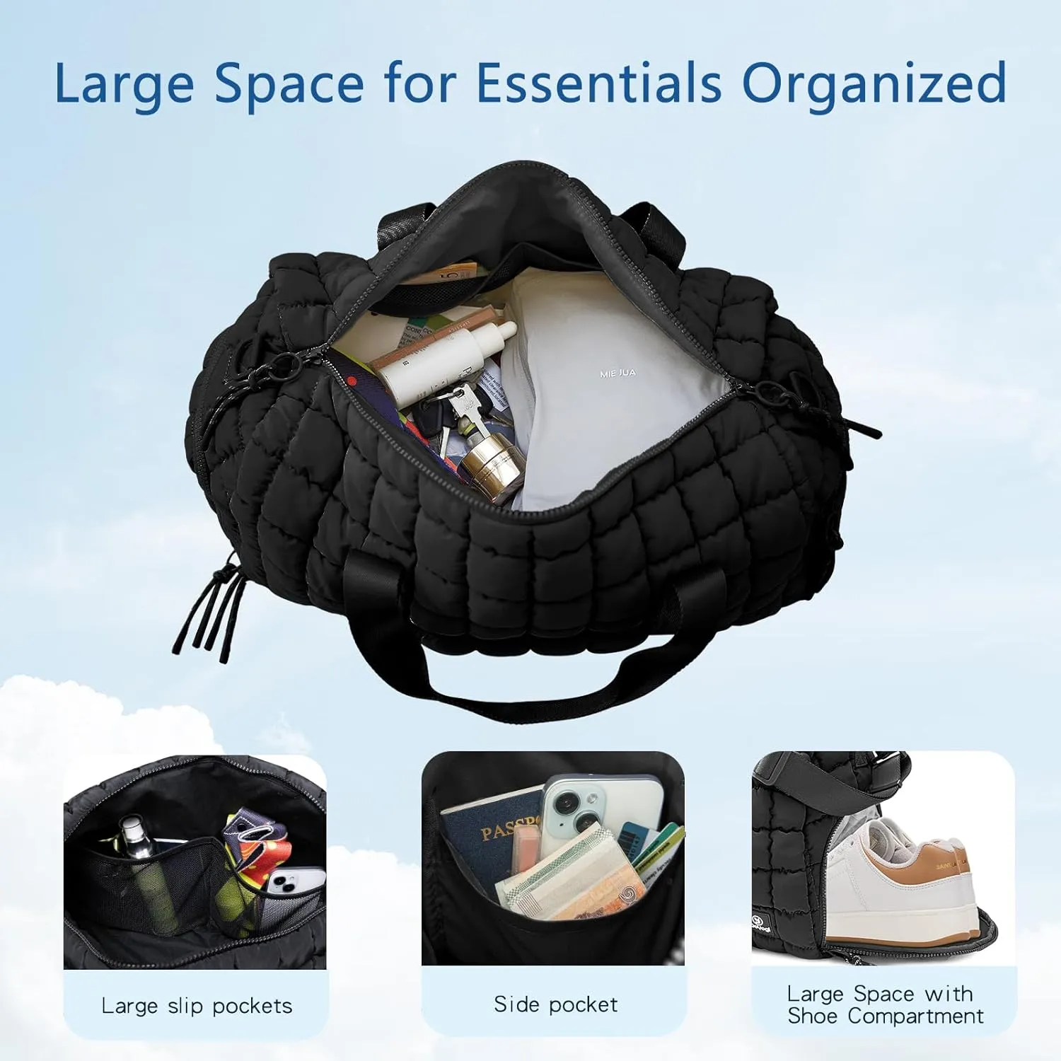 Quilted Gym Bag for Women,Duffle Bag for Travel with Wet Pocket,Carry on Weekender Bags for Women,Travel Bag with Shoe Compartment(Black)