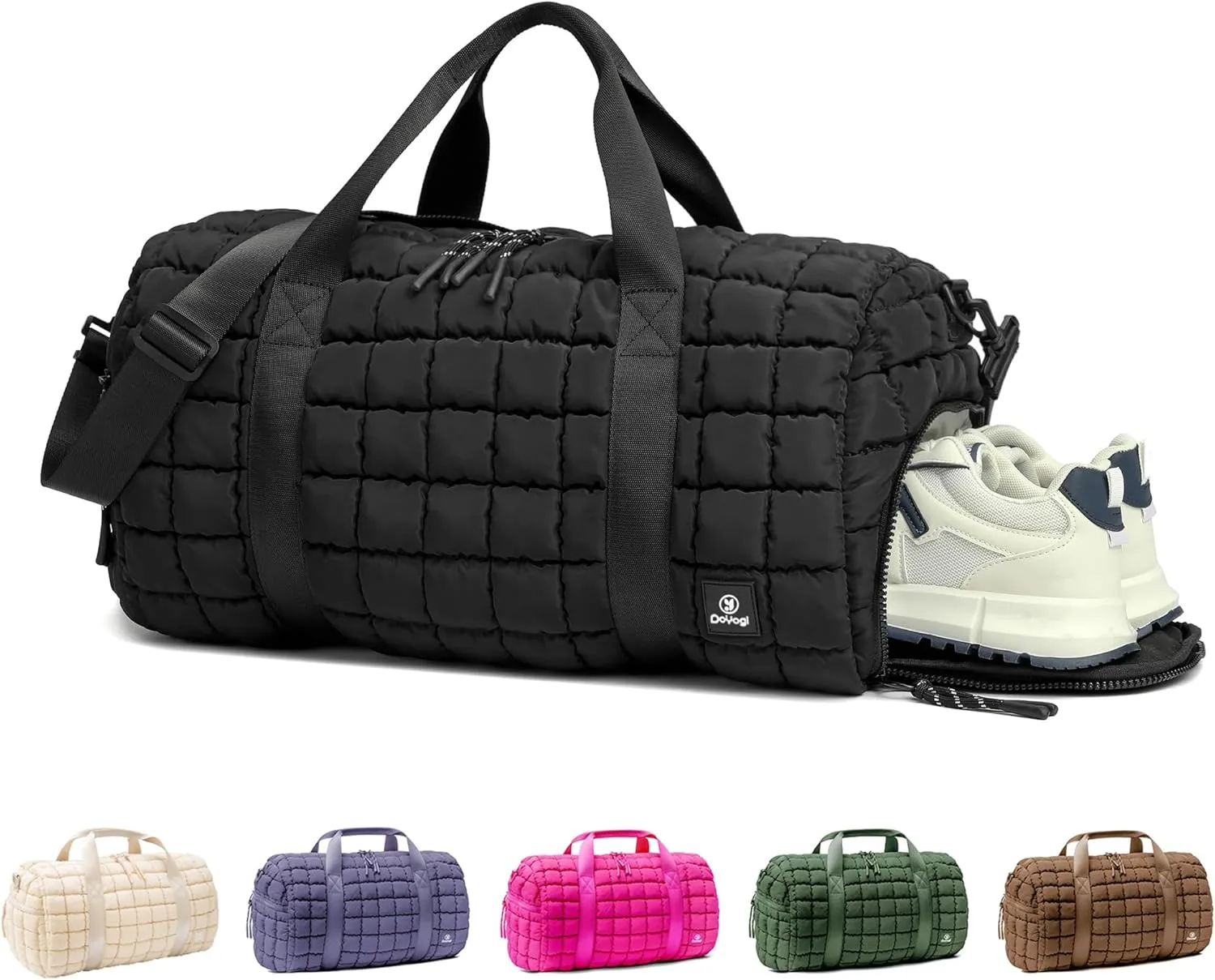 Quilted Gym Bag for Women,Duffle Bag for Travel with Wet Pocket,Carry on Weekender Bags for Women,Travel Bag with Shoe Compartment(Black)