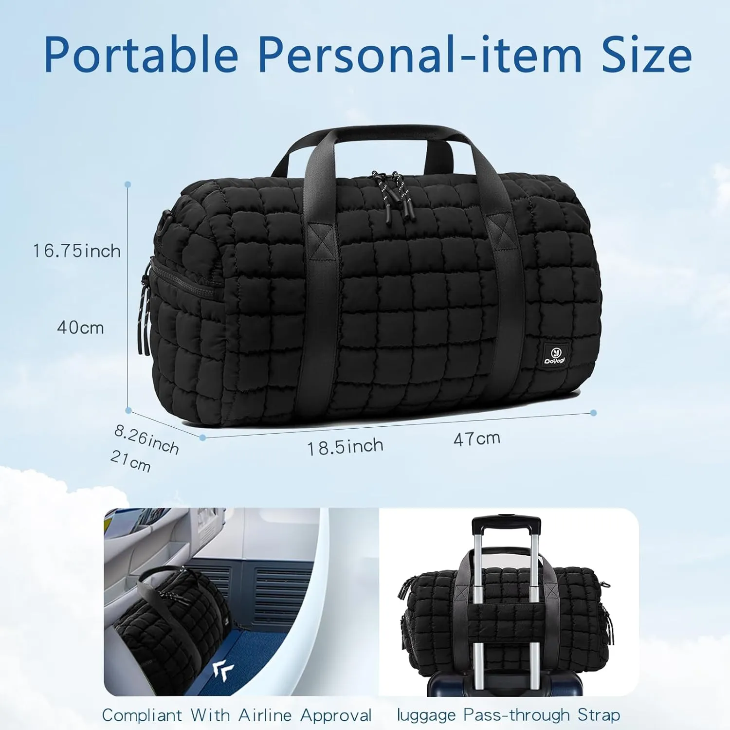 Quilted Gym Bag for Women,Duffle Bag for Travel with Wet Pocket,Carry on Weekender Bags for Women,Travel Bag with Shoe Compartment(Black)