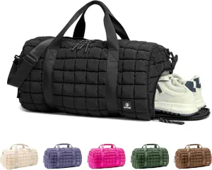 Quilted Gym Bag for Women,Duffle Bag for Travel with Wet Pocket,Carry on Weekender Bags for Women,Travel Bag with Shoe Compartment(Black)