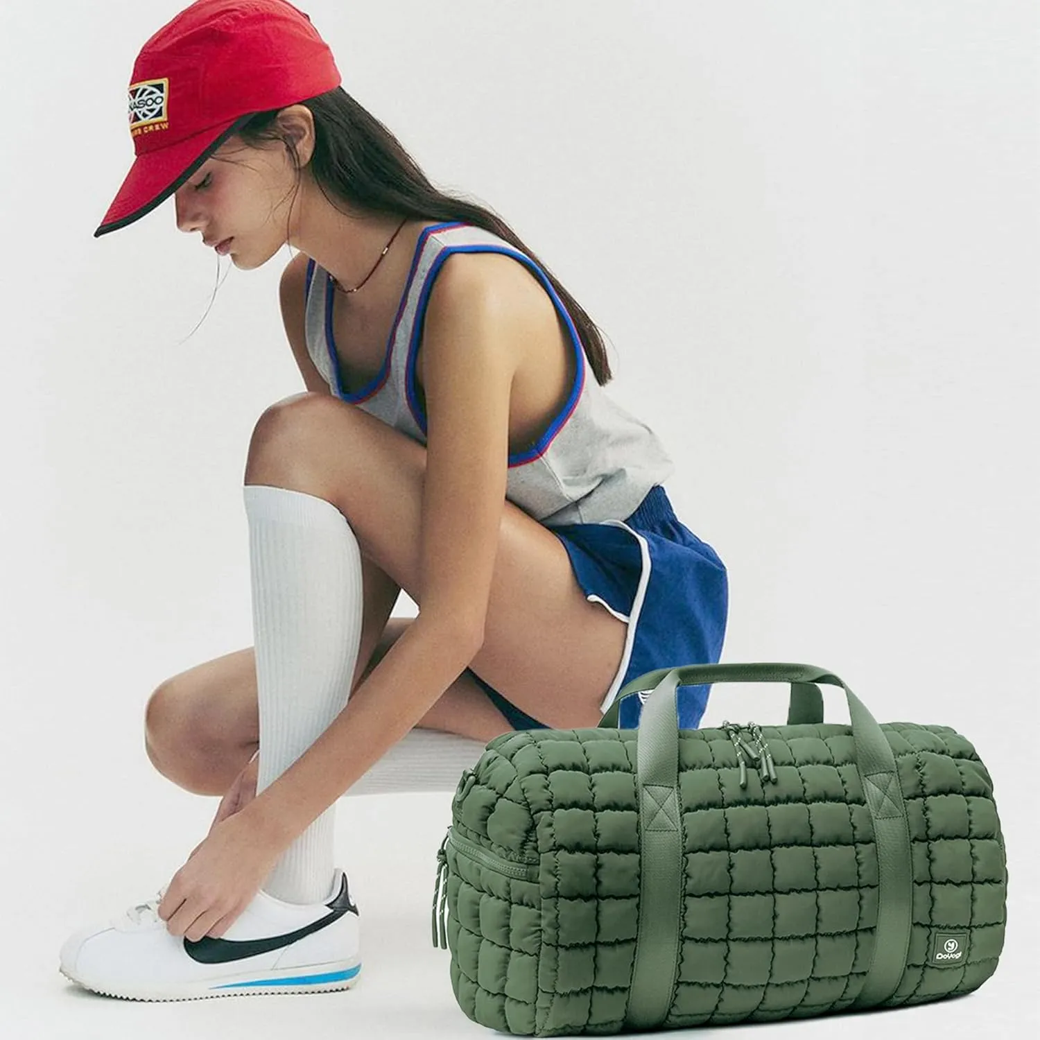 Quilted Gym Bag for Women,Duffle Bag for Travel with Wet Pocket,Carry on Weekender Bags for Women,Travel Bag with Shoe Compartment(Green)