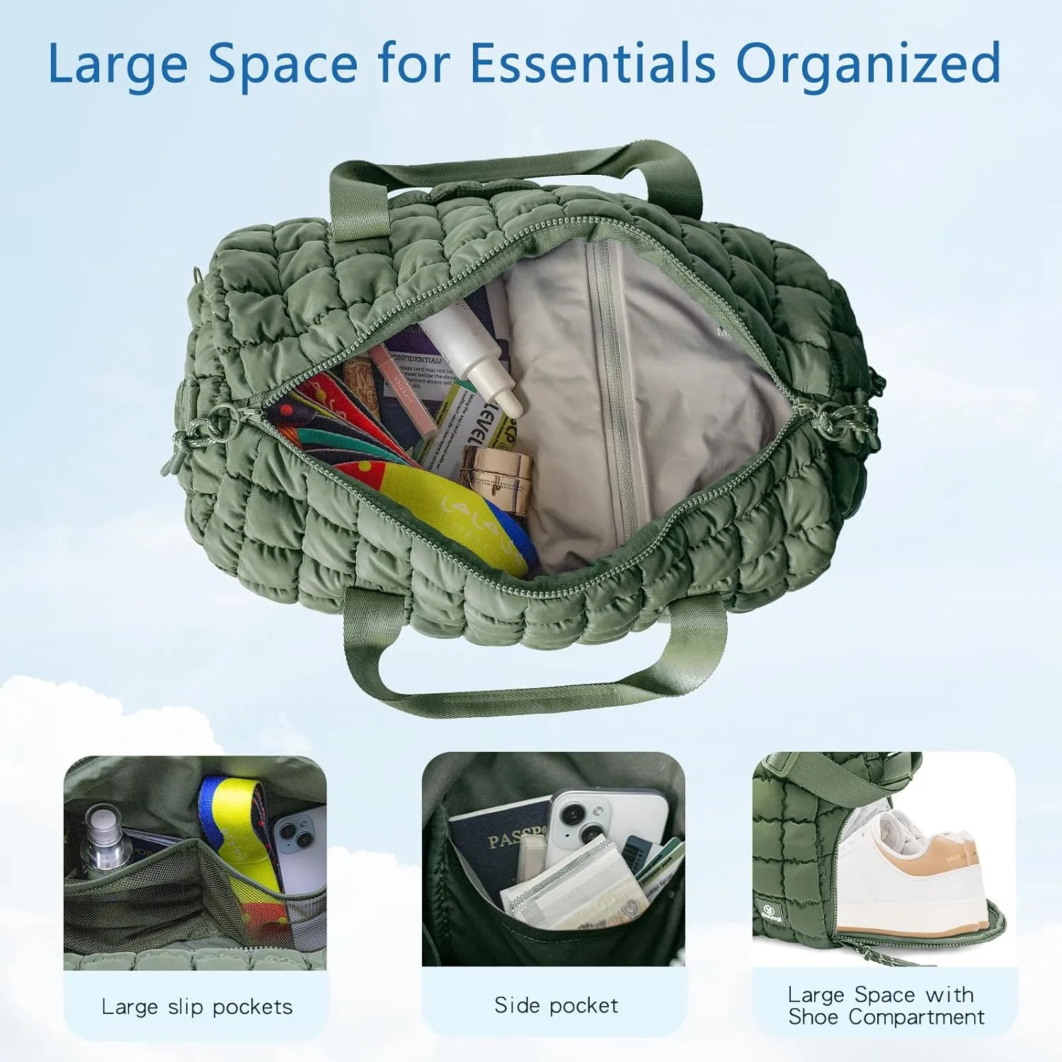 Quilted Gym Bag for Women,Duffle Bag for Travel with Wet Pocket,Carry on Weekender Bags for Women,Travel Bag with Shoe Compartment(Green)