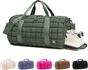 Quilted Gym Bag for Women,Duffle Bag for Travel with Wet Pocket,Carry on Weekender Bags for Women,Travel Bag with Shoe Compartment(Green)