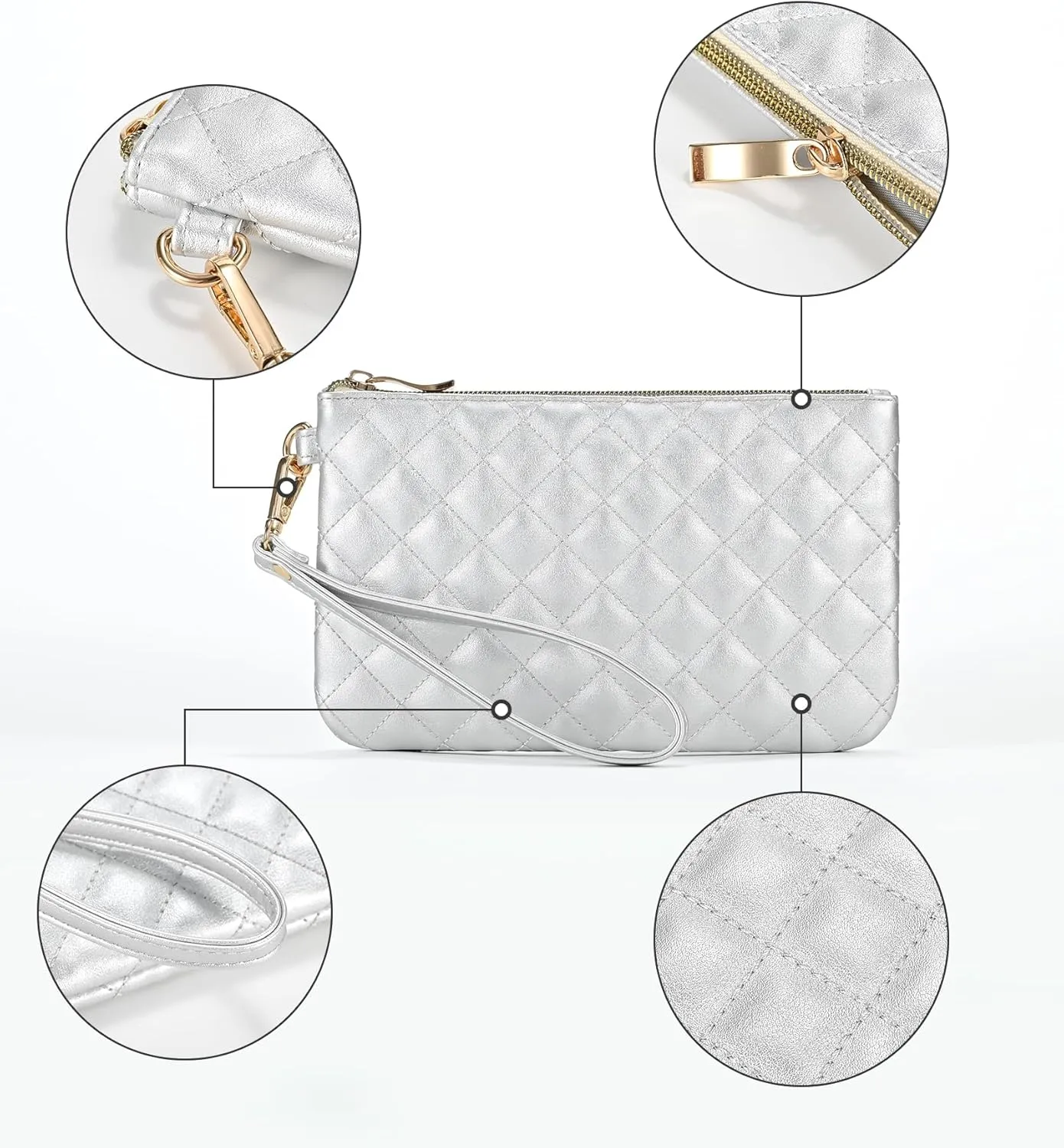 Quilted Wristlet Purse for Women, Vegan Leather Wristlet Pouch Zip Clutch Bag, Evening Clutch Purse with strap