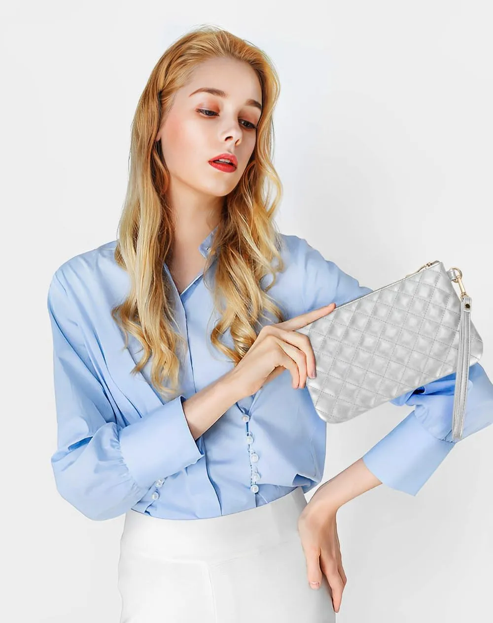 Quilted Wristlet Purse for Women, Vegan Leather Wristlet Pouch Zip Clutch Bag, Evening Clutch Purse with strap