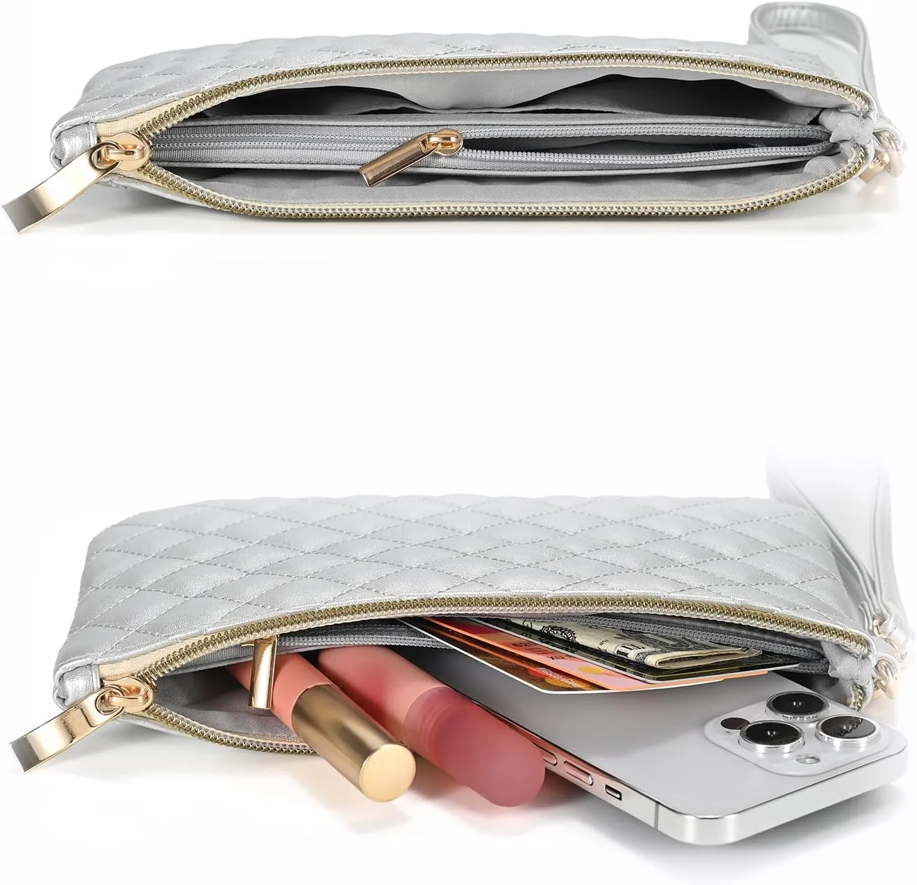 Quilted Wristlet Purse for Women, Vegan Leather Wristlet Pouch Zip Clutch Bag, Evening Clutch Purse with strap