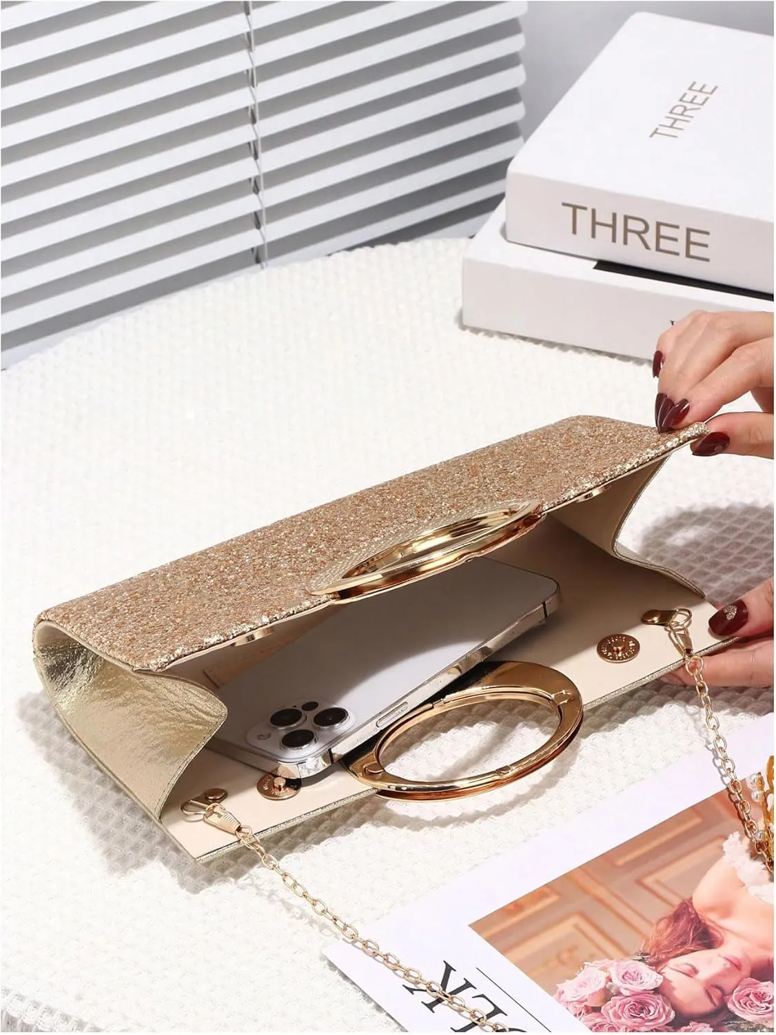 QWINEE Women's Glitter Evening Clutch Handbags Rhinestone Top Handle Party Crossbody Bag