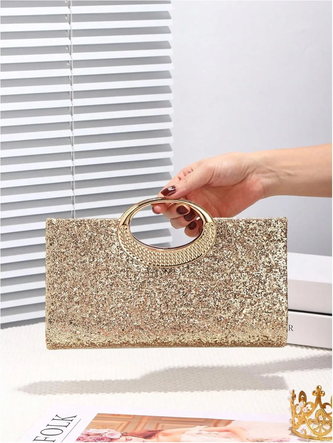 QWINEE Women's Glitter Evening Clutch Handbags Rhinestone Top Handle Party Crossbody Bag