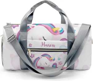 Rainbow Unicorn Cloud Stars Personalized Duffel Bag,Custom Travel Gym Bag with Name,Waterproof Sports Overnight Bag with Shoe Compartment & Shoulder Strap