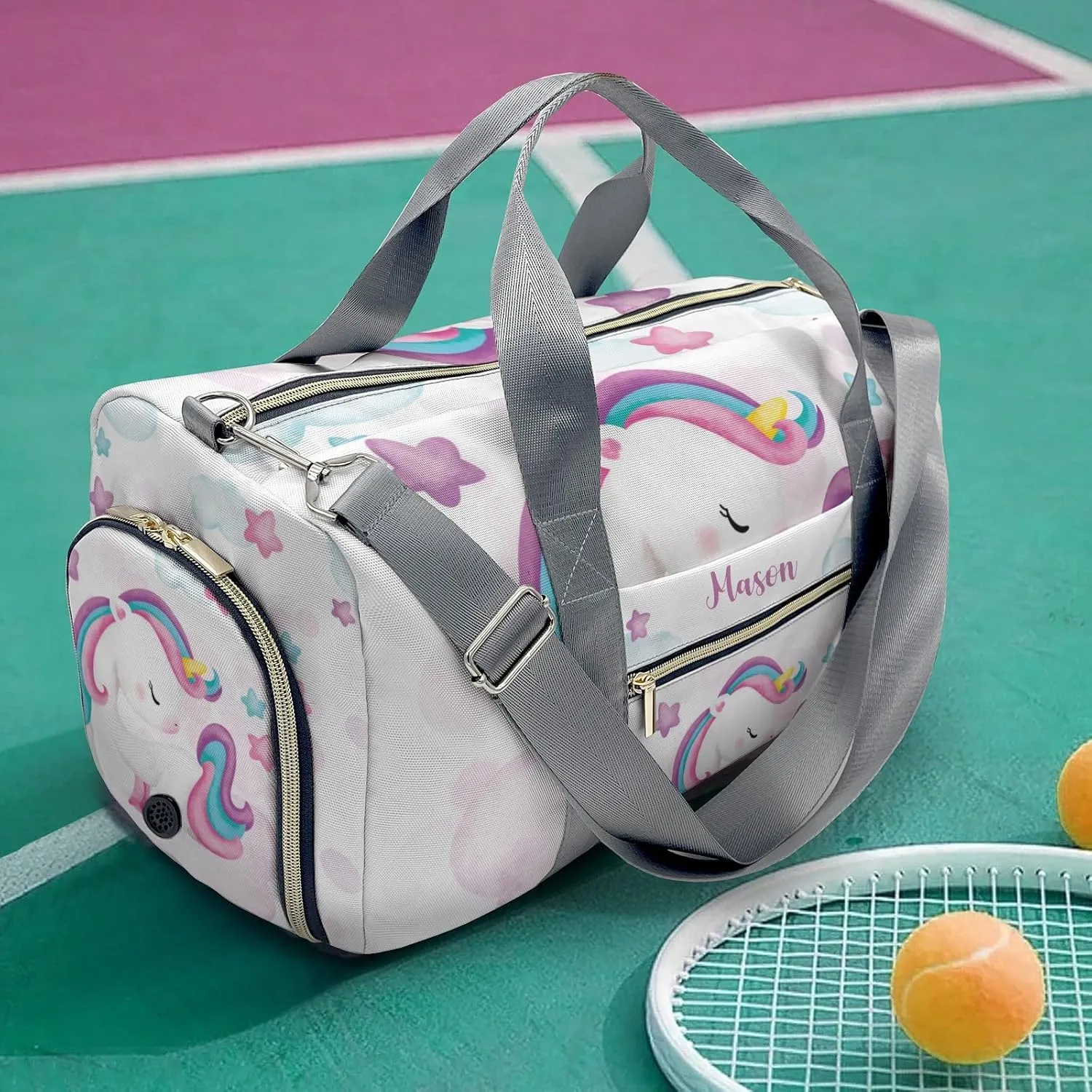 Rainbow Unicorn Cloud Stars Personalized Duffel Bag,Custom Travel Gym Bag with Name,Waterproof Sports Overnight Bag with Shoe Compartment & Shoulder Strap