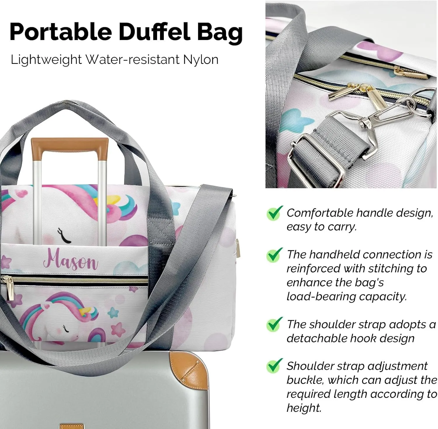 Rainbow Unicorn Cloud Stars Personalized Duffel Bag,Custom Travel Gym Bag with Name,Waterproof Sports Overnight Bag with Shoe Compartment & Shoulder Strap