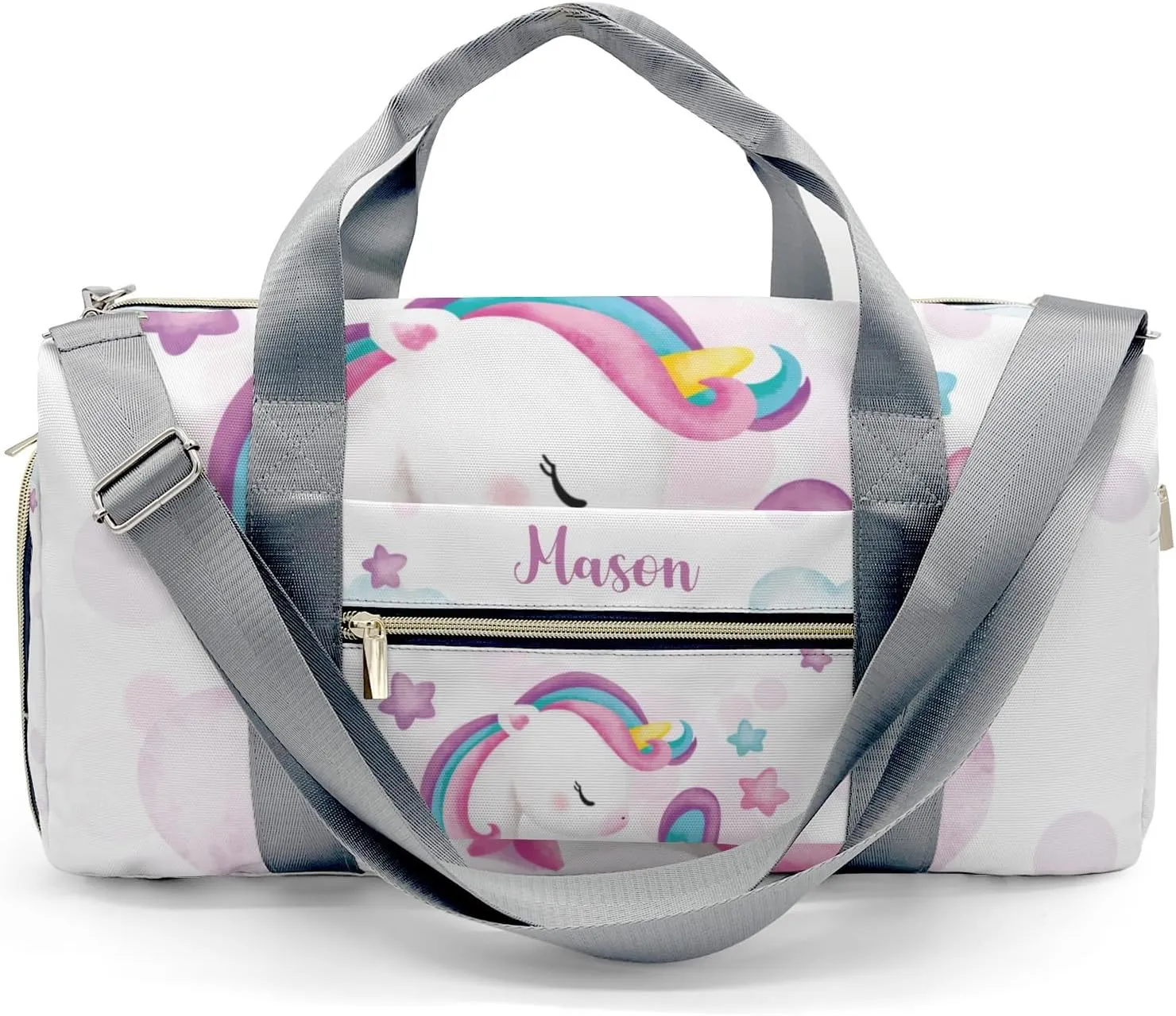 Rainbow Unicorn Cloud Stars Personalized Duffel Bag,Custom Travel Gym Bag with Name,Waterproof Sports Overnight Bag with Shoe Compartment & Shoulder Strap