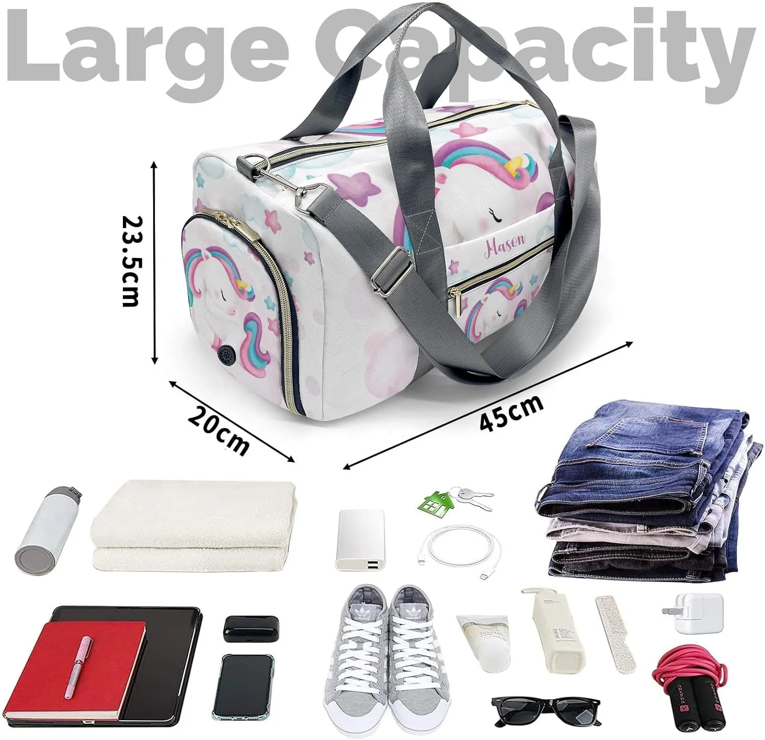 Rainbow Unicorn Cloud Stars Personalized Duffel Bag,Custom Travel Gym Bag with Name,Waterproof Sports Overnight Bag with Shoe Compartment & Shoulder Strap