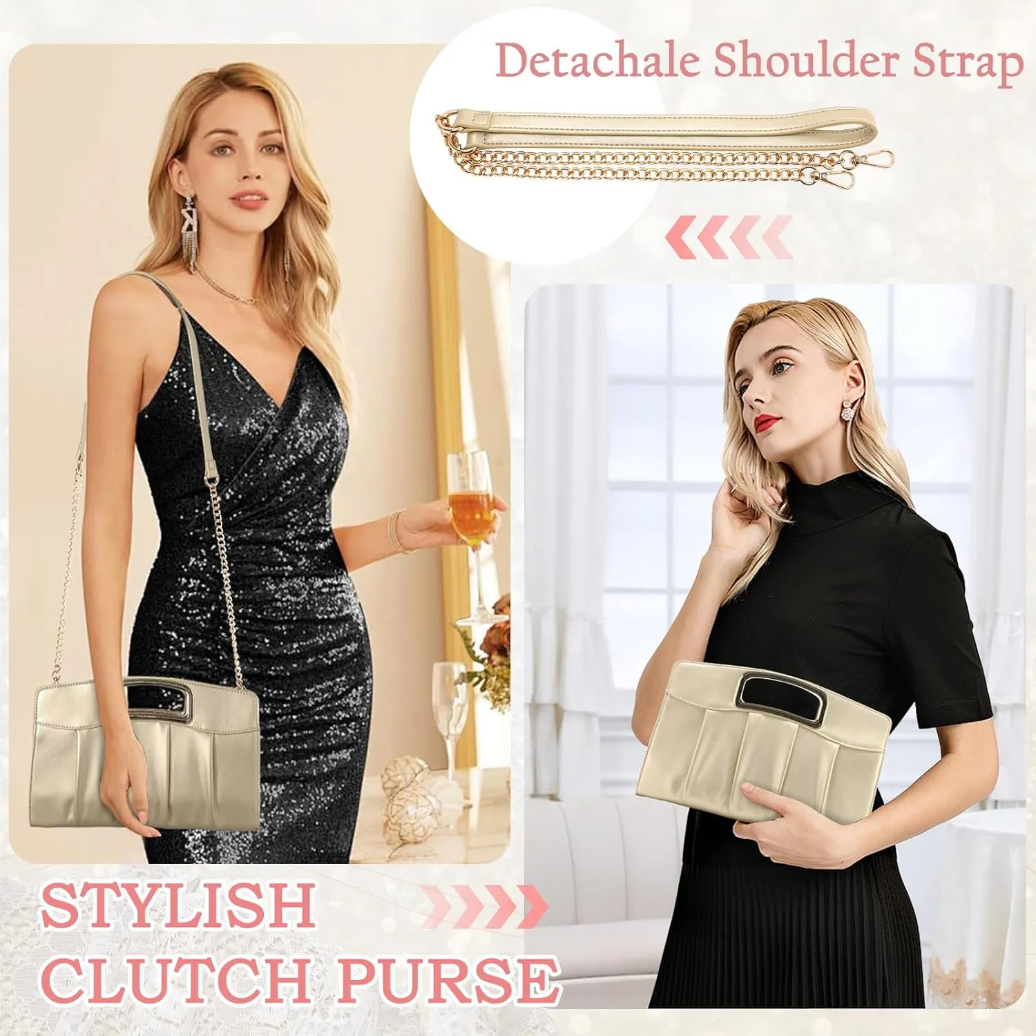RAVUO Clutch Purse for Women, Elegant Pleated Evening Bag Convertible Handbag for Wedding Prom Bridal with Chain Strap