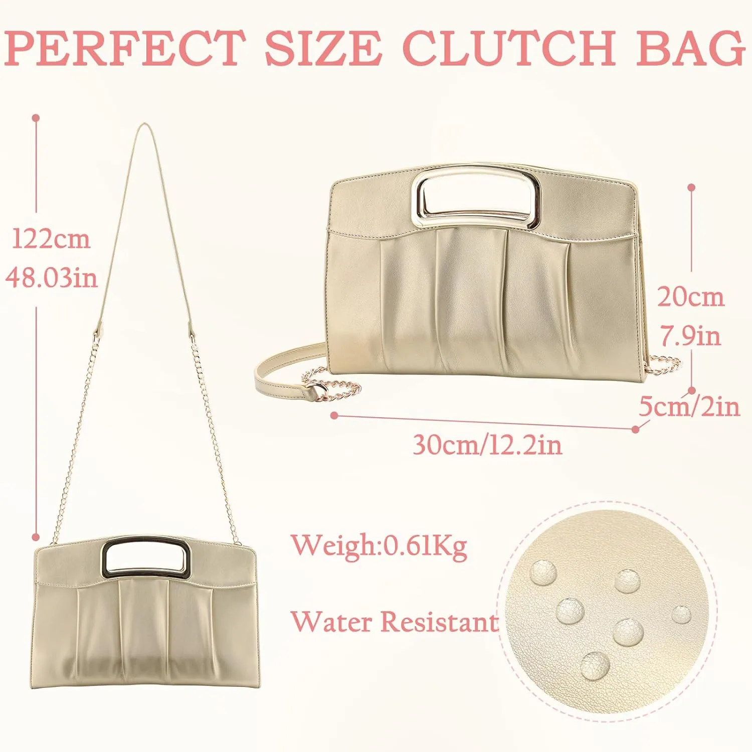 RAVUO Clutch Purse for Women, Elegant Pleated Evening Bag Convertible Handbag for Wedding Prom Bridal with Chain Strap
