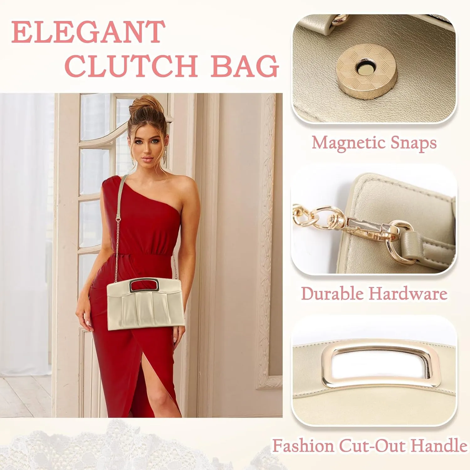 RAVUO Clutch Purse for Women, Elegant Pleated Evening Bag Convertible Handbag for Wedding Prom Bridal with Chain Strap