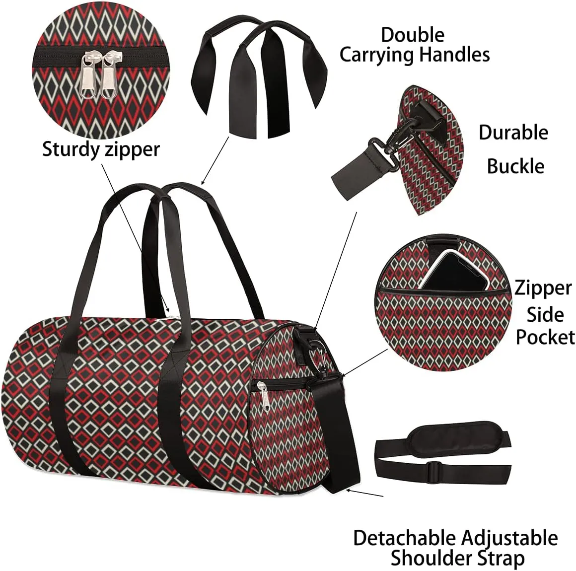 Red Black Gym Bag Small Gym Duffel Bags for Men Women Rhombus Overnight Weekender Bag Lightweight Sport Duffle Bag Carry On Gymbag
