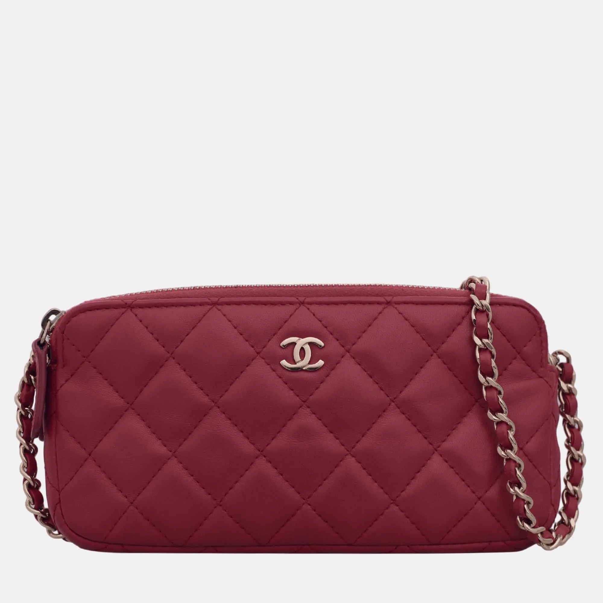 Red Leather Double Zip CC Clutch on Chain