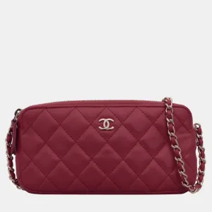 Red Leather Double Zip CC Clutch on Chain