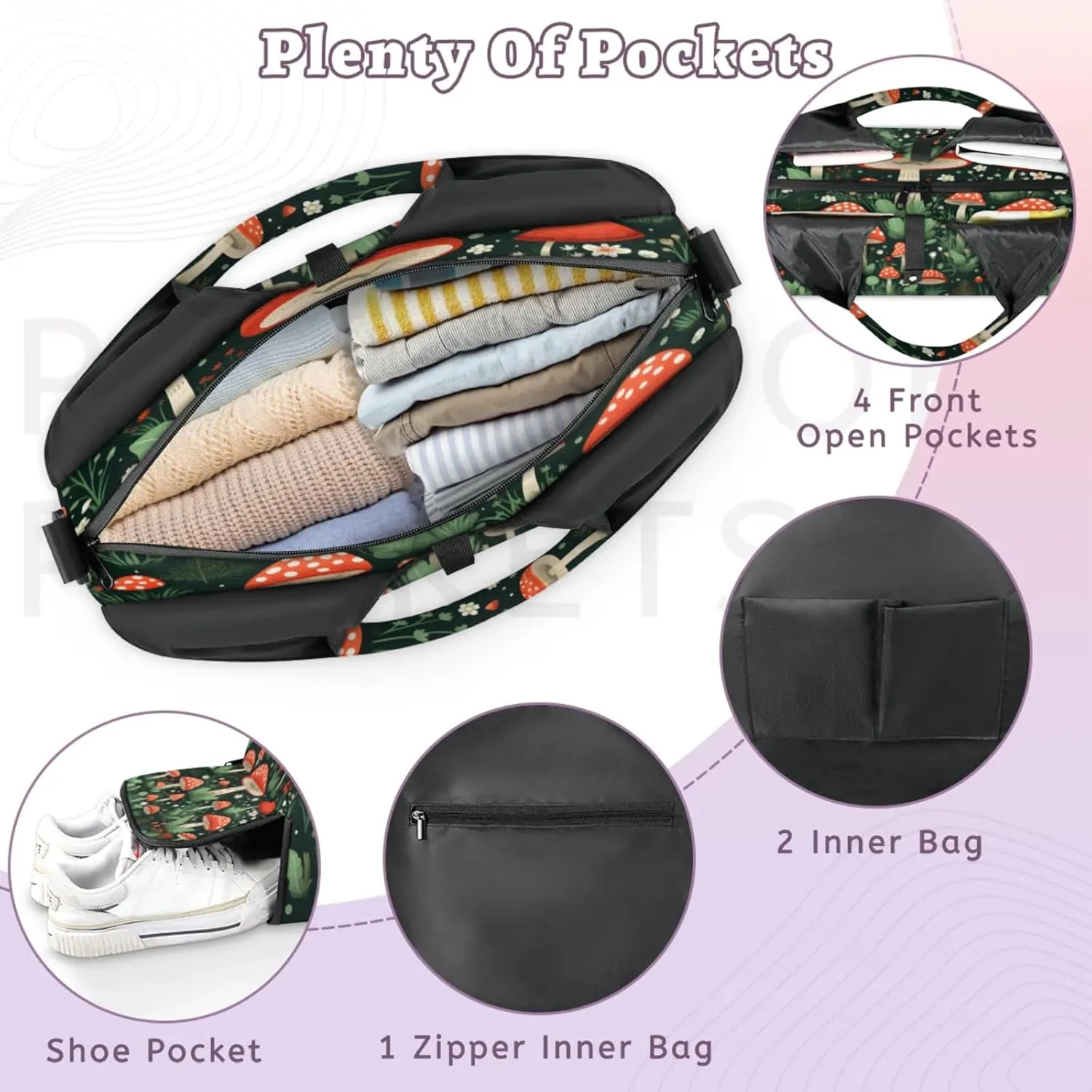 Red Mushroom Scene Waterproof Gym Bag for Men Women, Sports Duffel Bag with Shoe Compartment Yoga Mat Holder, Portable Large Travel Bag for Fitness, Camping, Weekend Trips