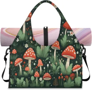 Red Mushroom Scene Waterproof Gym Bag for Men Women, Sports Duffel Bag with Shoe Compartment Yoga Mat Holder, Portable Large Travel Bag for Fitness, Camping, Weekend Trips