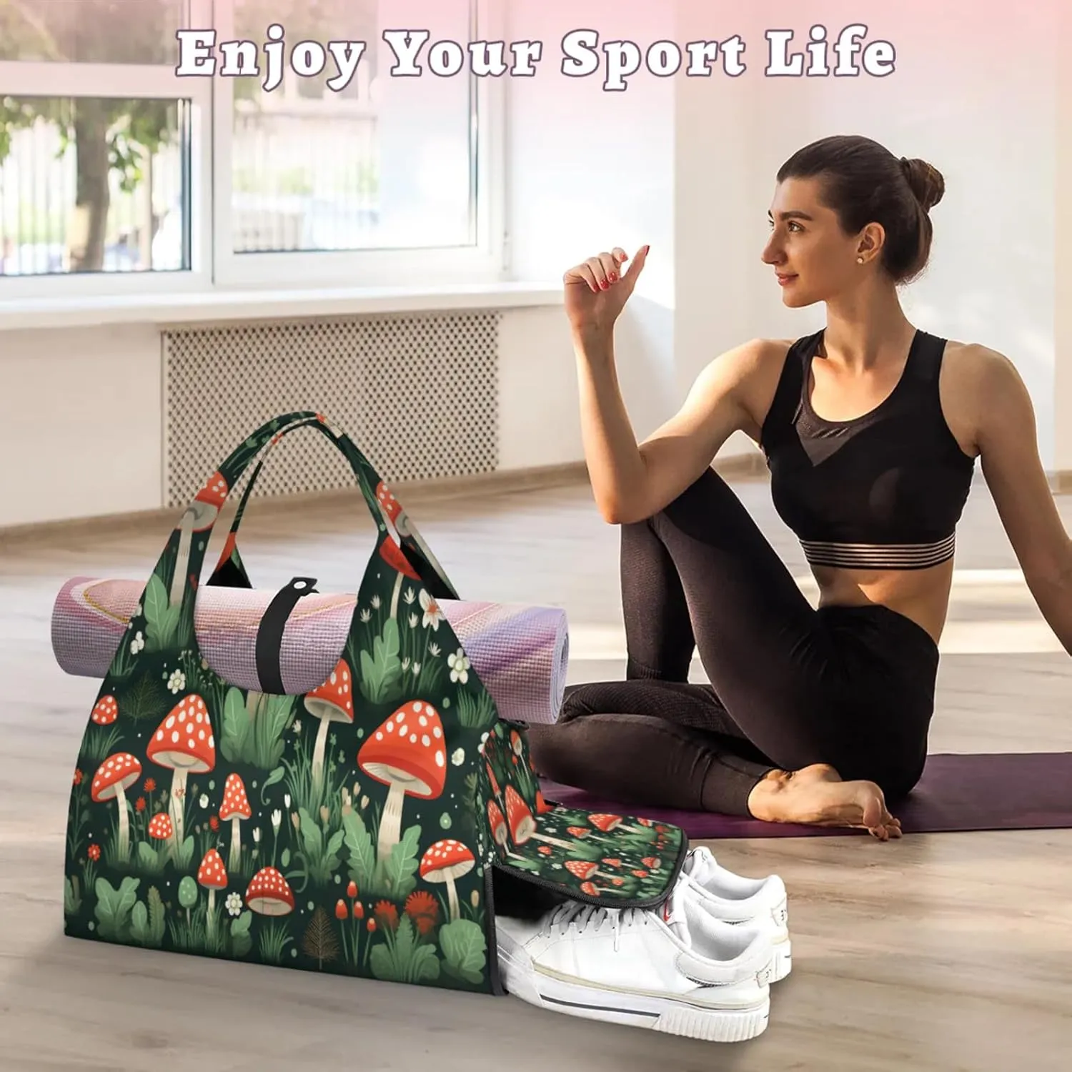 Red Mushroom Scene Waterproof Gym Bag for Men Women, Sports Duffel Bag with Shoe Compartment Yoga Mat Holder, Portable Large Travel Bag for Fitness, Camping, Weekend Trips