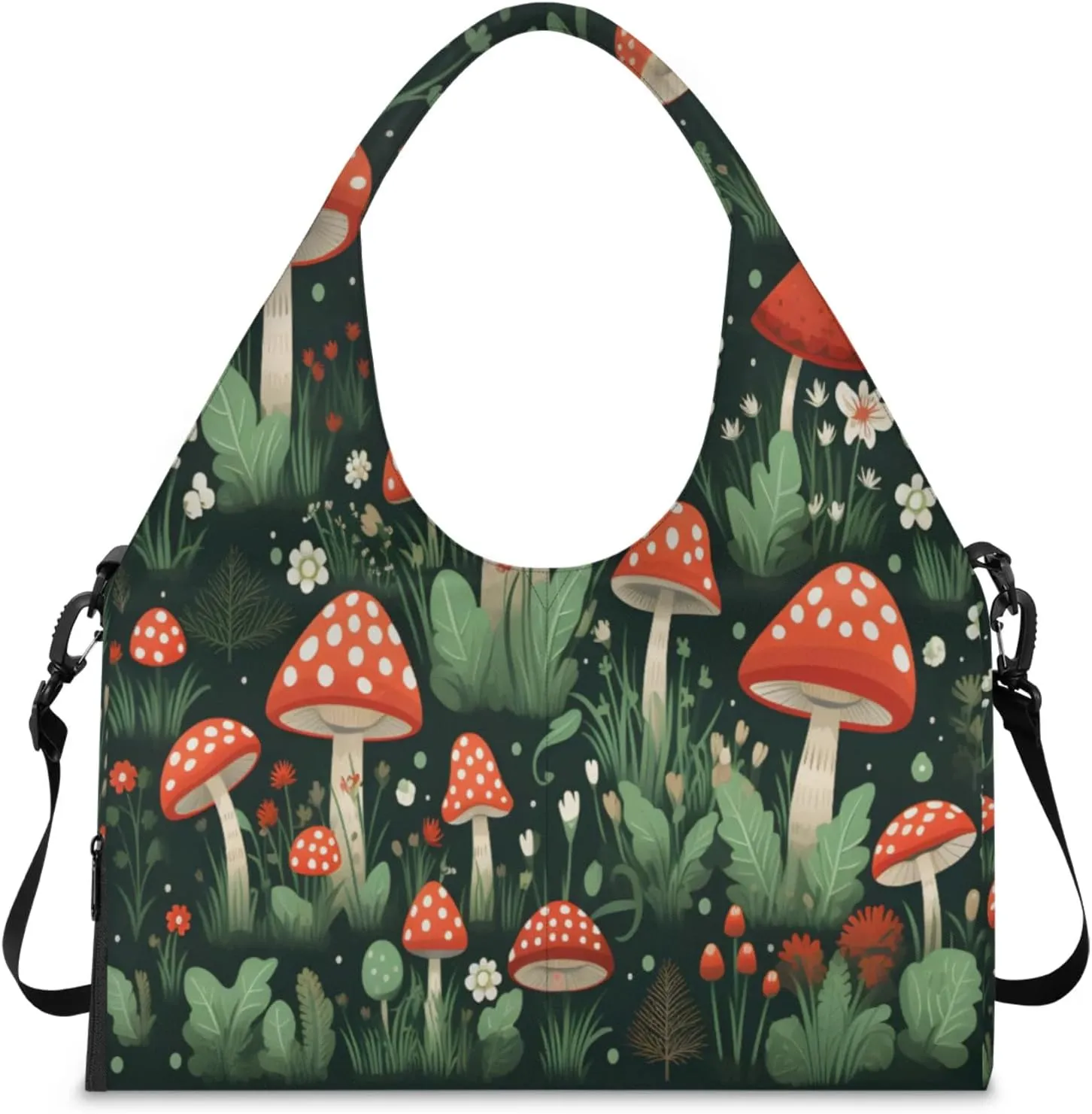 Red Mushroom Scene Waterproof Gym Bag for Men Women, Sports Duffel Bag with Shoe Compartment Yoga Mat Holder, Portable Large Travel Bag for Fitness, Camping, Weekend Trips
