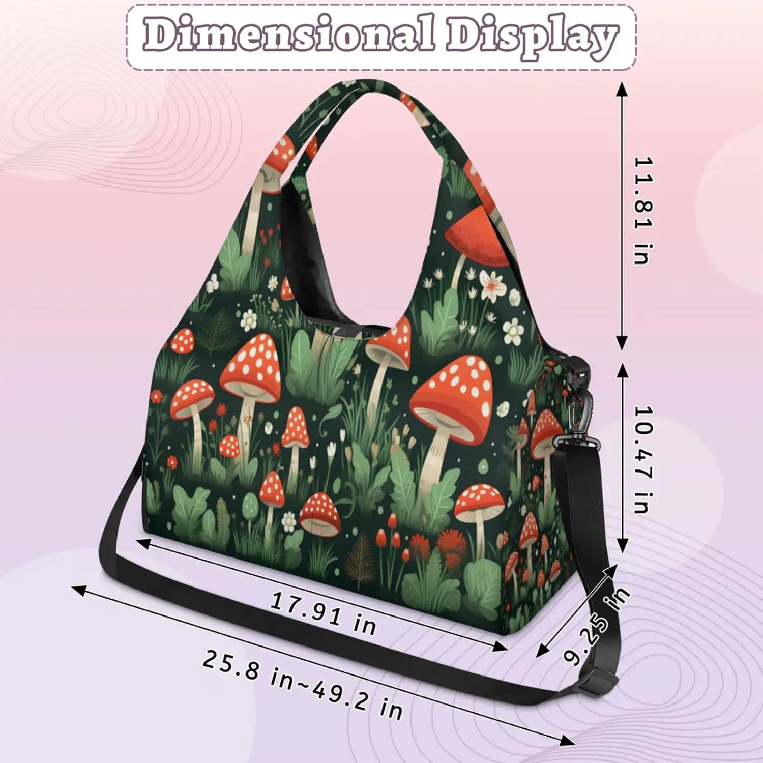 Red Mushroom Scene Waterproof Gym Bag for Men Women, Sports Duffel Bag with Shoe Compartment Yoga Mat Holder, Portable Large Travel Bag for Fitness, Camping, Weekend Trips