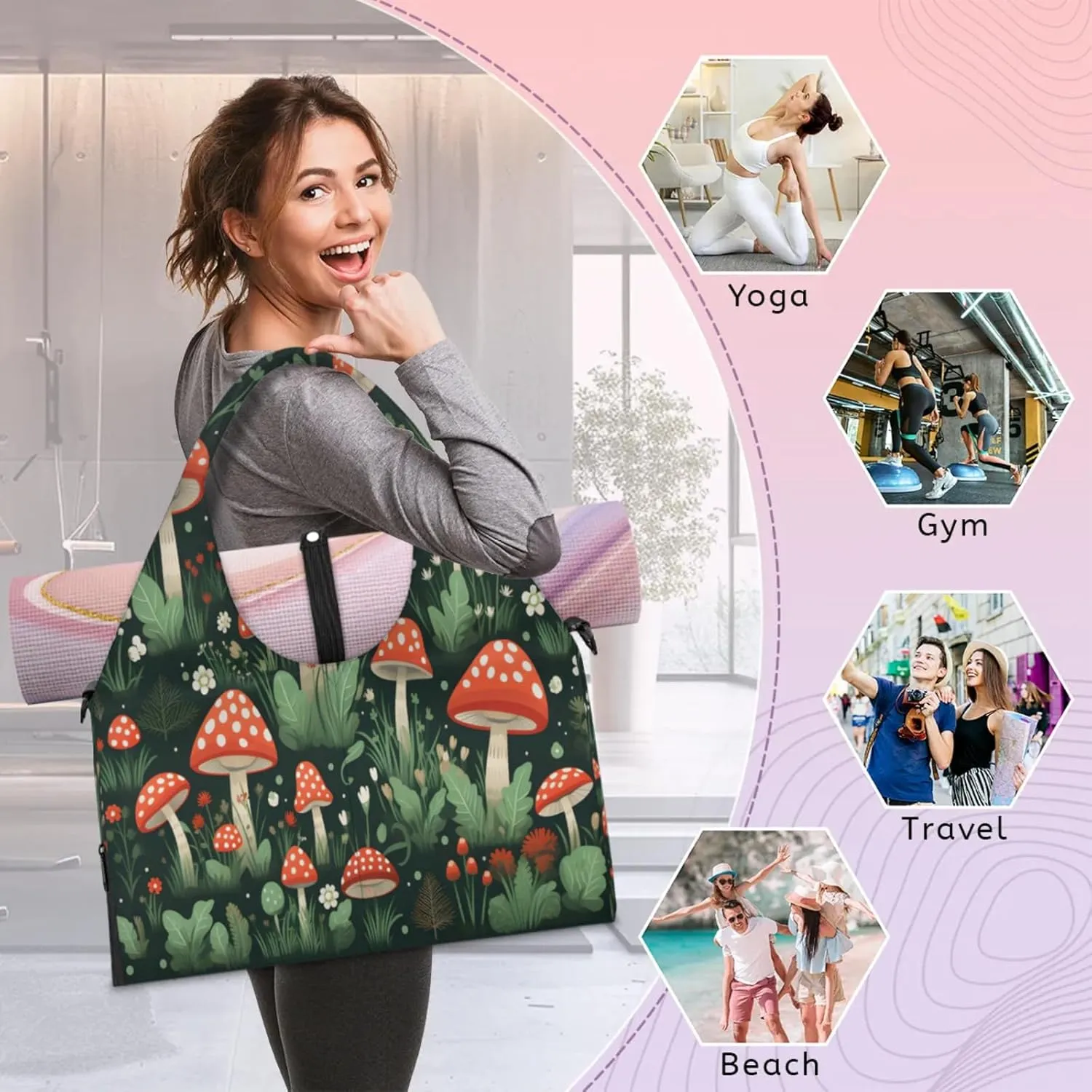 Red Mushroom Scene Waterproof Gym Bag for Men Women, Sports Duffel Bag with Shoe Compartment Yoga Mat Holder, Portable Large Travel Bag for Fitness, Camping, Weekend Trips