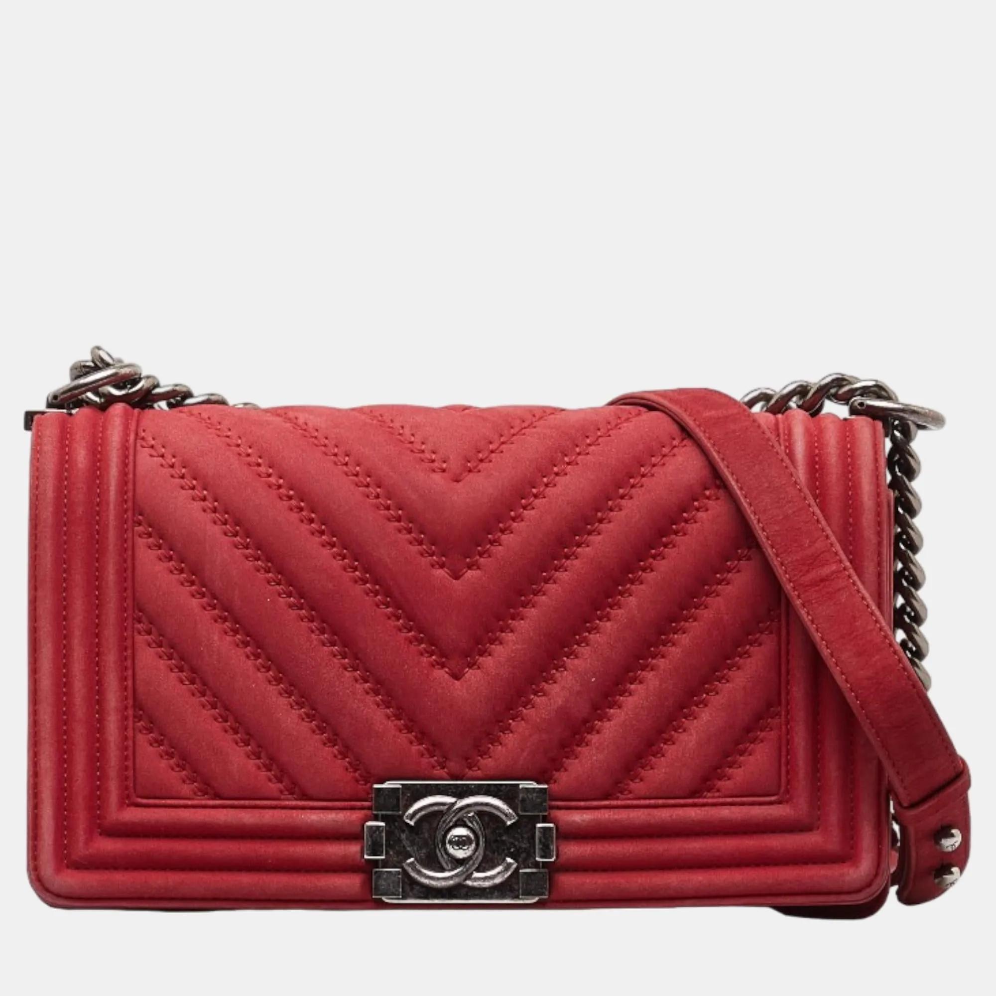 Red Suede Chevron Medium Le Boy Flap Bag