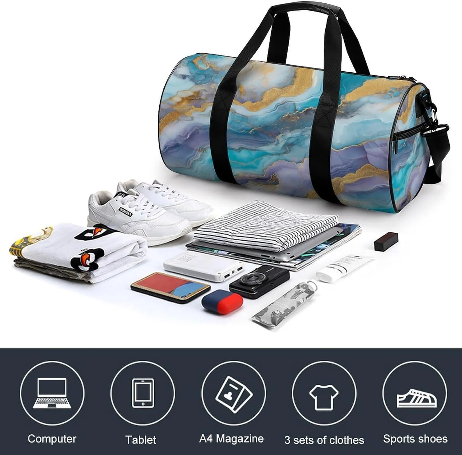 Resin Geode Abstract Marble Travel Gym Bag for Women Men Cylindrical Duffle Bag Sport Workout Bag with Shoulder Strap