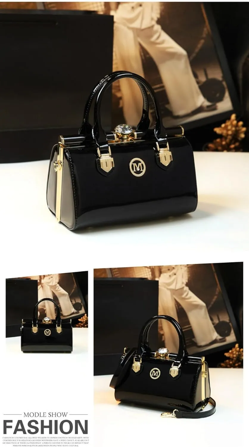 Rhinestone Buckle Shoulder Bag for Women's Leather Top Handle Satchel Crossbody Handbags Evening Bag Purses Hard