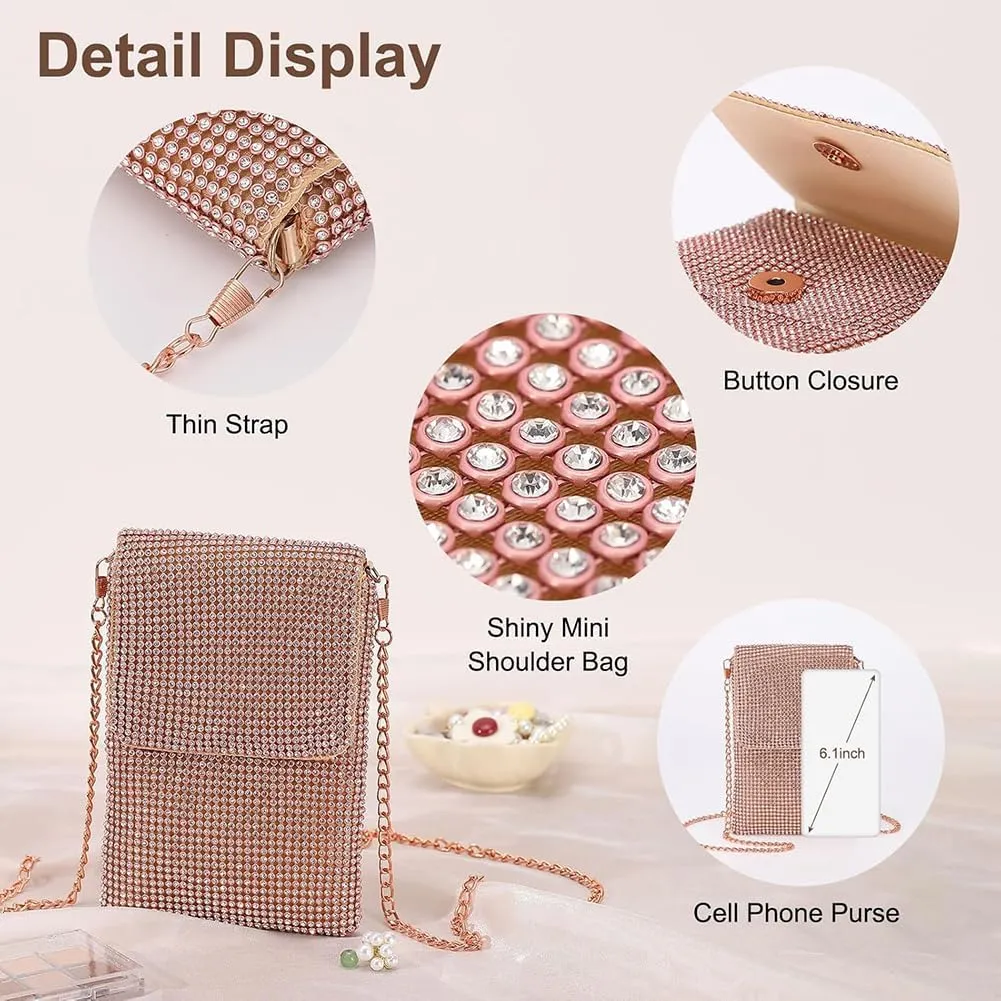 Rhinestone Crossbody Cell Phone Purse Wallet Clutch Crystal Evening Handbags Bling Shoulder Smart Phone Bag