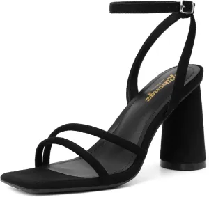 RIBONGZ Block Heels Prom Heeled Sandals for Women Chunky Square Open Toe Strappy High Heels Ankle Strap Wedding Bridal Shoes High Heel Sandals for Party Dress