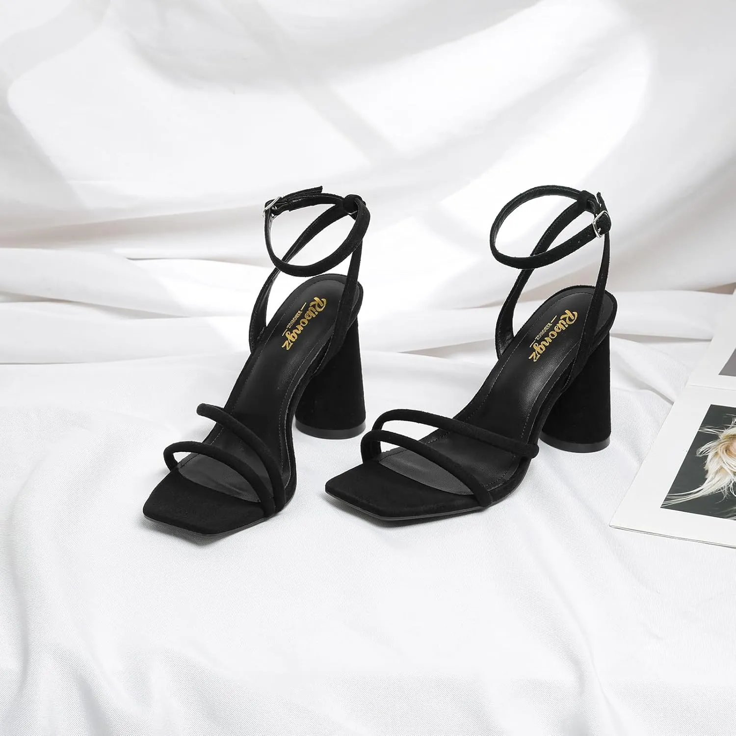 RIBONGZ Block Heels Prom Heeled Sandals for Women Chunky Square Open Toe Strappy High Heels Ankle Strap Wedding Bridal Shoes High Heel Sandals for Party Dress