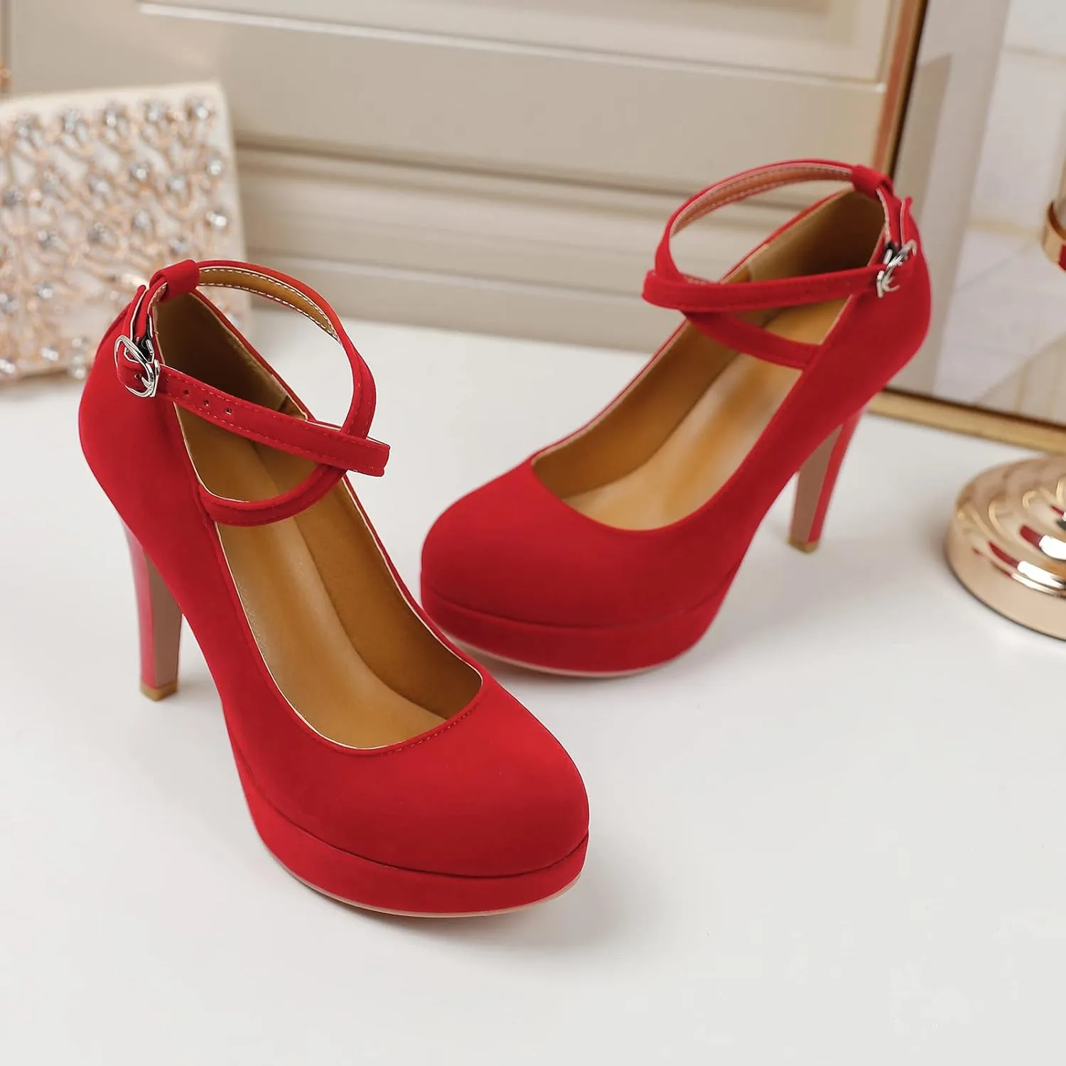 RIBONGZ Strappy Heels for Women Closed Toe Platform High Heels Pumps Sexy Summer Comfortable 4 inch Stiletto Wedding Heels