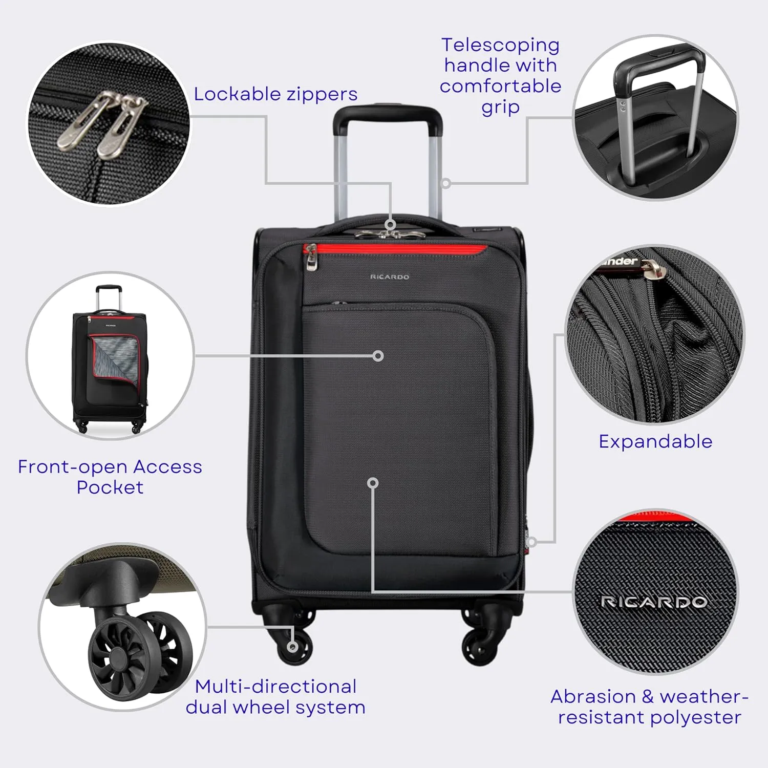 Ricardo Beverly Hills Aspen Springs 2-PC Luggage Set – Lightweight Softside Suitcase Set of 2 with 20” Carry-On & 24” Medium Check-In Spinner, Black