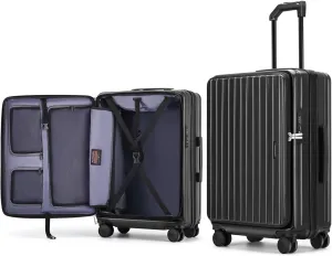 ROAMING 24 Inch Checked Luggage Front Opening Rolling Suitcase PC hard sided luggage with Spinner Wheels Cup Holder Tsa Lock Specially Designed Ergonomic Pull Rod Handle for Travel Woman Men (black)