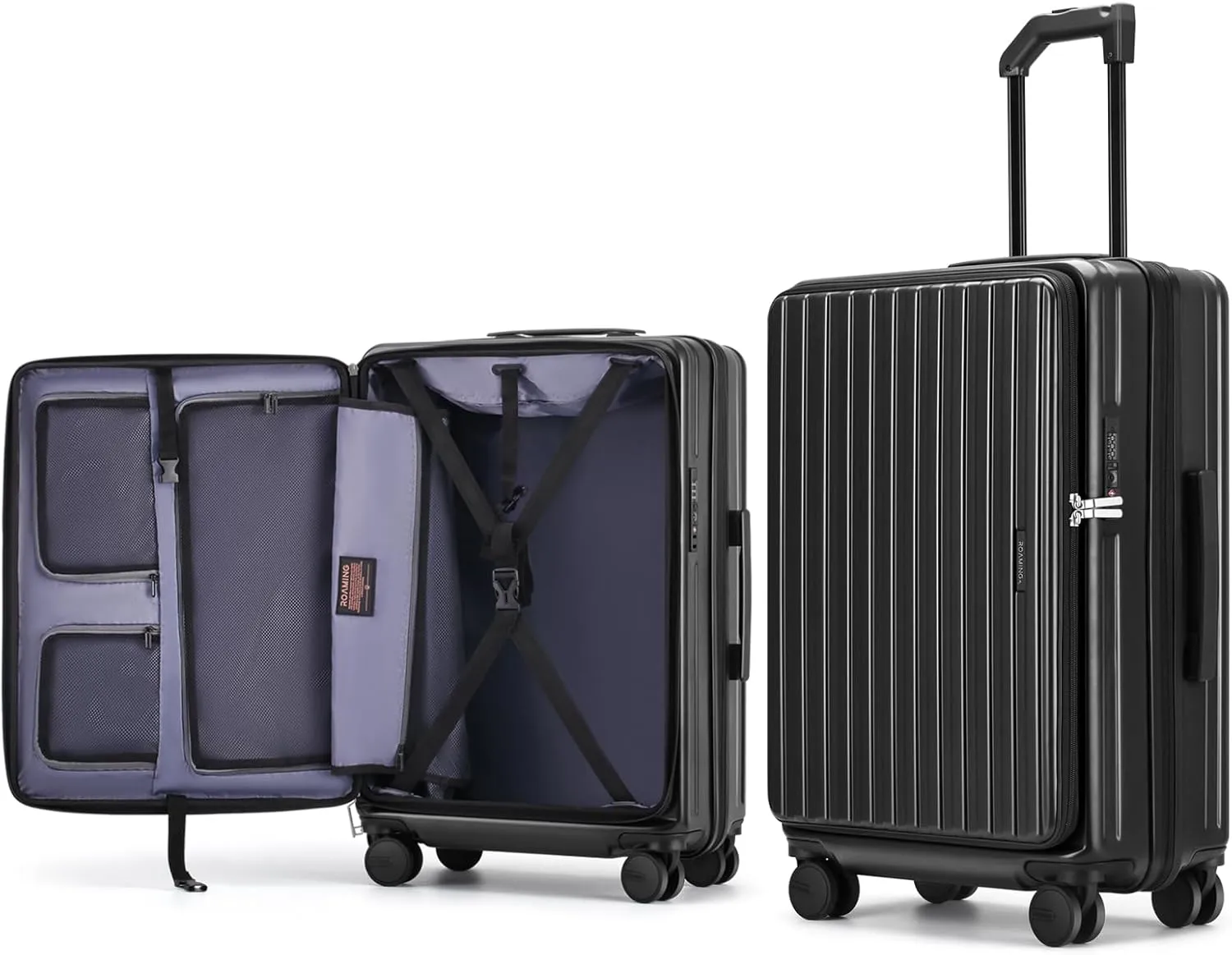 ROAMING 24 Inch Checked Luggage Front Opening Rolling Suitcase PC hard sided luggage with Spinner Wheels Cup Holder Tsa Lock Specially Designed Ergonomic Pull Rod Handle for Travel Woman Men (black)