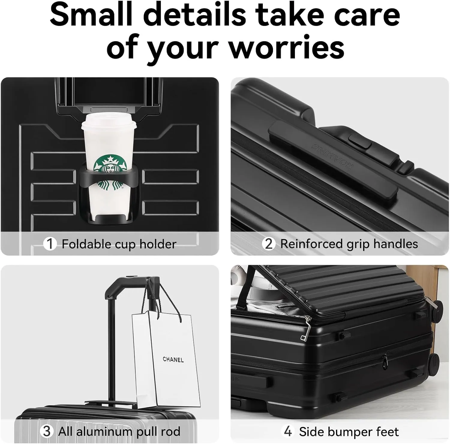 ROAMING 24 Inch Checked Luggage Front Opening Rolling Suitcase PC hard sided luggage with Spinner Wheels Cup Holder Tsa Lock Specially Designed Ergonomic Pull Rod Handle for Travel Woman Men (black)