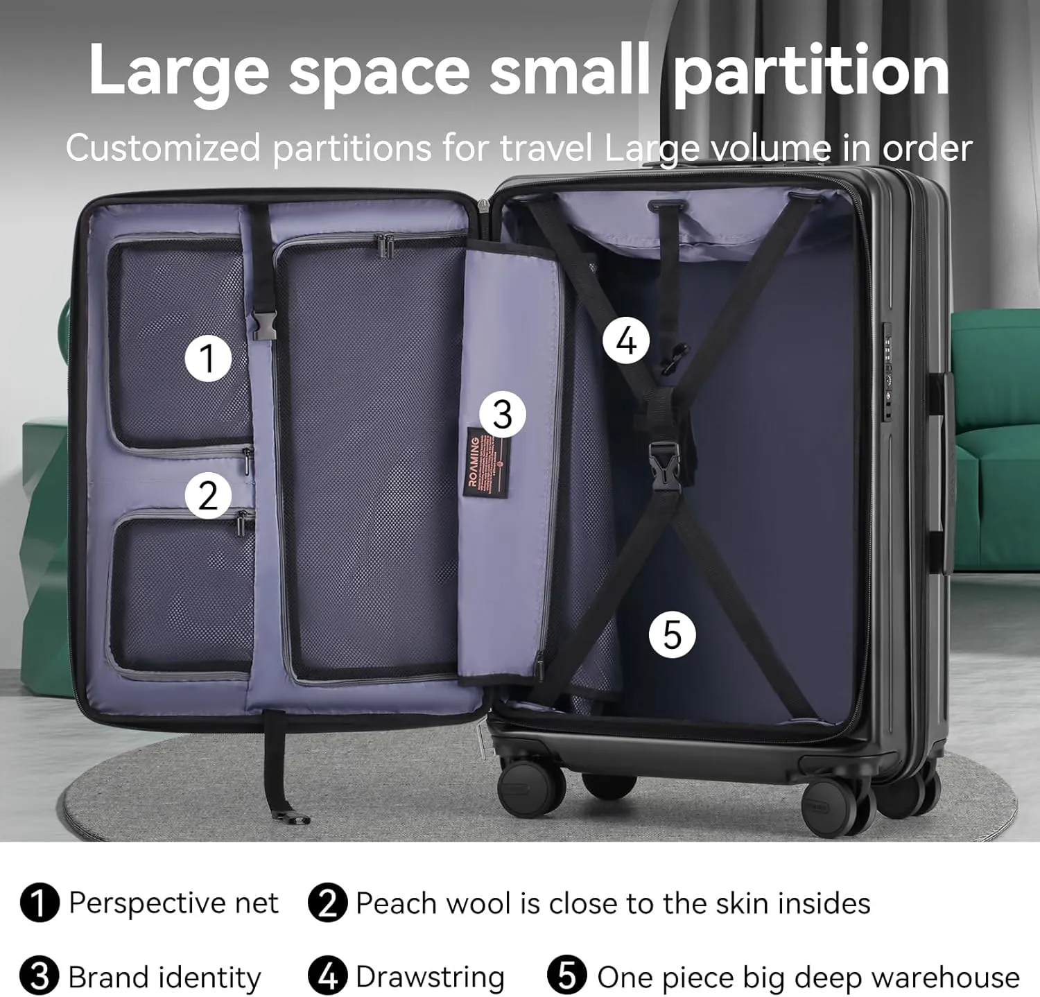 ROAMING 24 Inch Checked Luggage Front Opening Rolling Suitcase PC hard sided luggage with Spinner Wheels Cup Holder Tsa Lock Specially Designed Ergonomic Pull Rod Handle for Travel Woman Men (black)