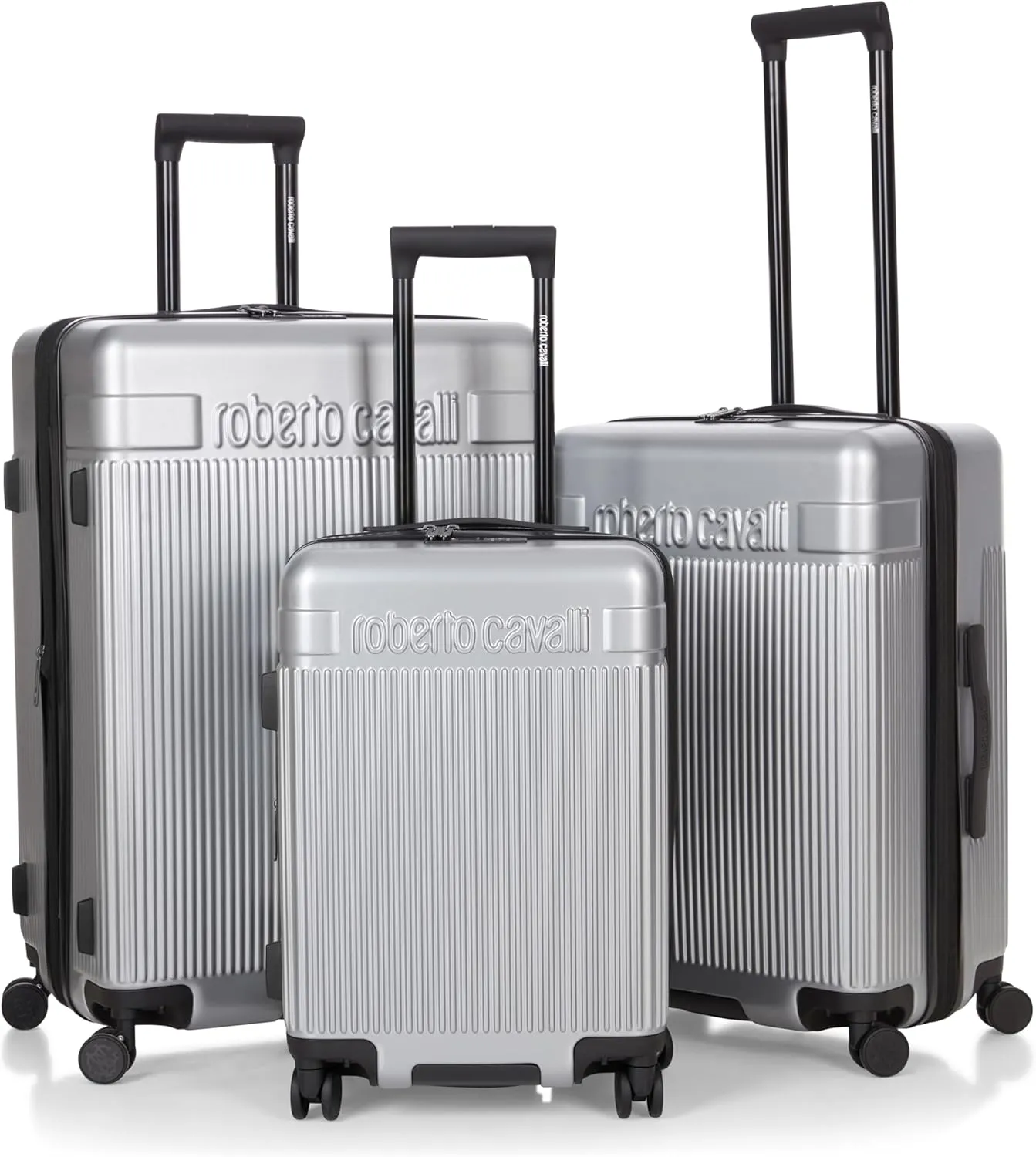 ROBERTO CAVALLI MILANO Luxury 3 Piece Luggage Set, Expandable Hard Shell Suitcases with 8 Spinner Wheels, Combination Lock Large Suitcase Set for Men and Women -Silver
