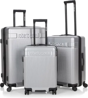 ROBERTO CAVALLI MILANO Luxury 3 Piece Luggage Set, Expandable Hard Shell Suitcases with 8 Spinner Wheels, Combination Lock Large Suitcase Set for Men and Women -Silver