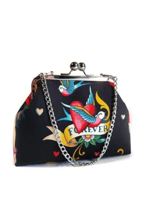Rockabilly Tattoo Sparrows, Pinup, Roses & Hearts Kisslock Clutch, Vintage Style Evening Bag with Chain, Novelty Purse, Gift for Women