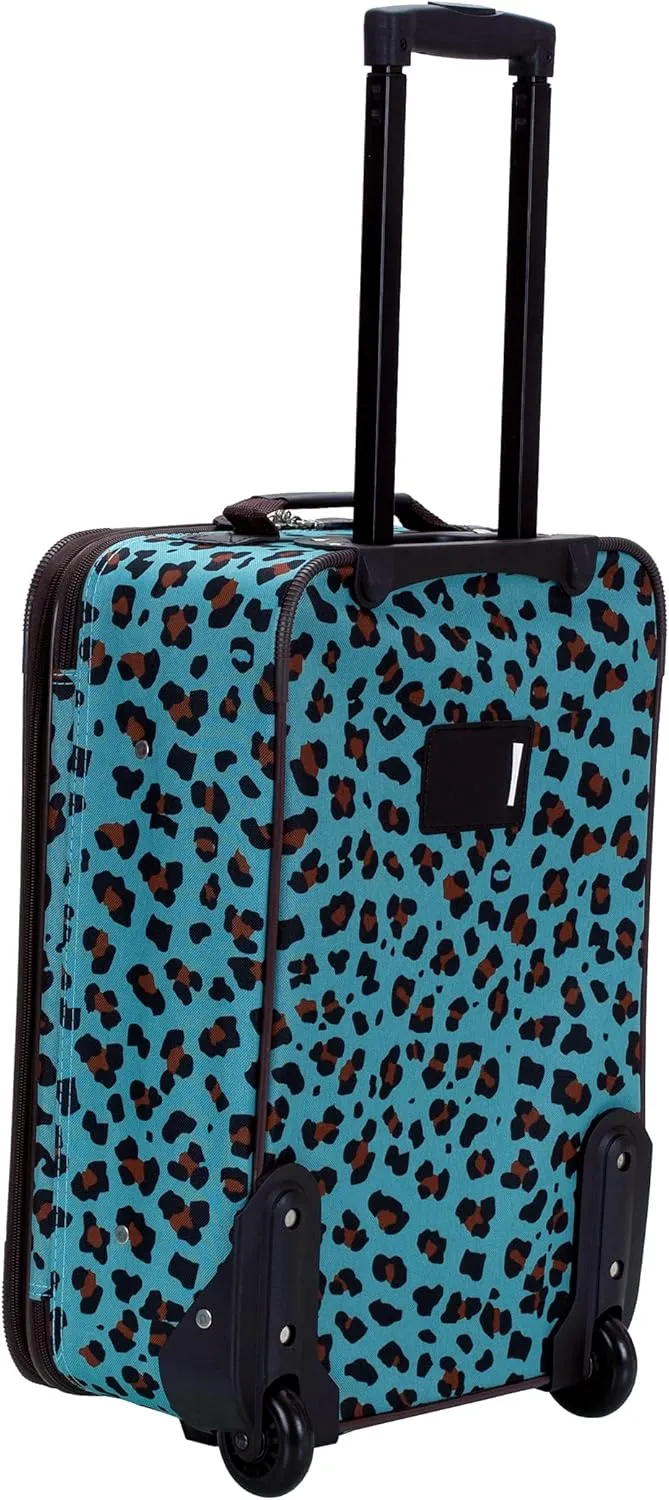 Rockland Fashion Softside Upright Luggage Set,Expandable,Telescopic Handle,Wheel, Blue Leopard, 2-Piece (14/19)