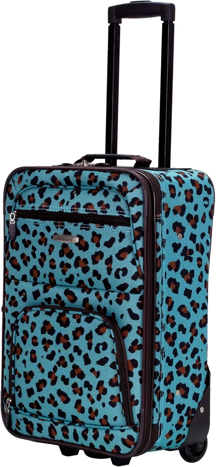 Rockland Fashion Softside Upright Luggage Set,Expandable,Telescopic Handle,Wheel, Blue Leopard, 2-Piece (14/19)