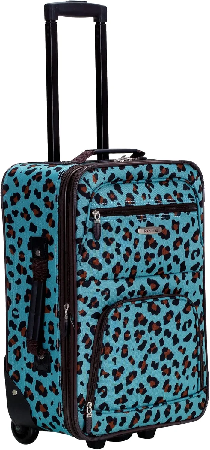 Rockland Fashion Softside Upright Luggage Set,Expandable,Telescopic Handle,Wheel, Blue Leopard, 2-Piece (14/19)