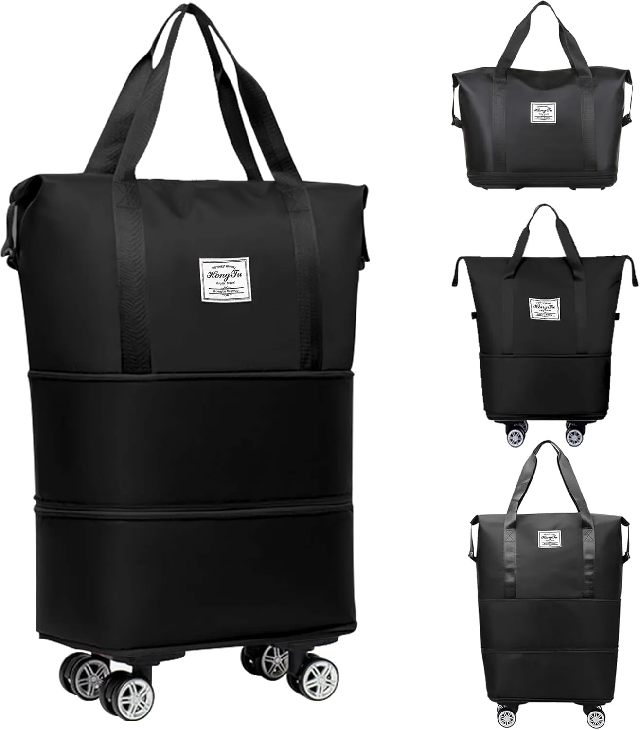 Rolling Duffle Bag with Detachable Wheels Expandable Foldable Duffle Bag for Travel Luggage bag Carry on Weekend Travel Bag (Black)