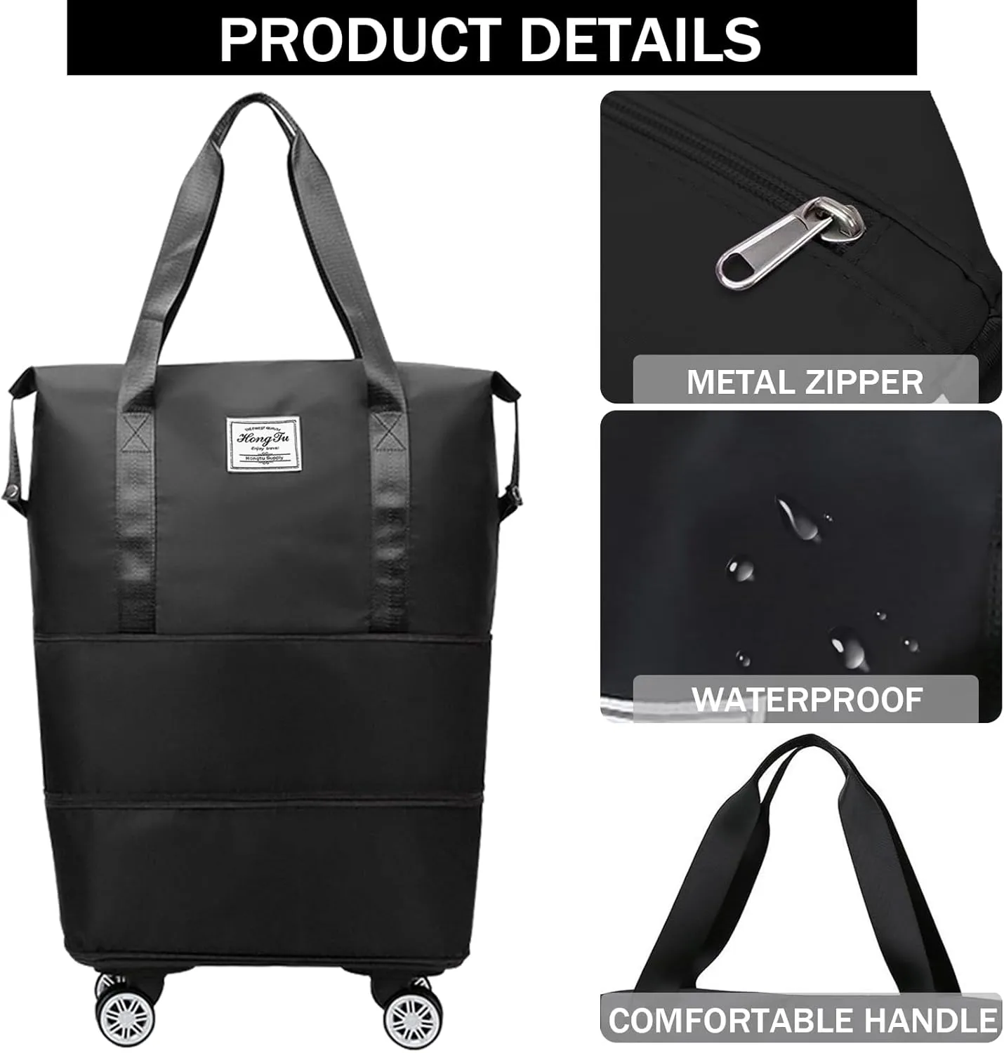 Rolling Duffle Bag with Detachable Wheels Expandable Foldable Duffle Bag for Travel Luggage bag Carry on Weekend Travel Bag (Black)